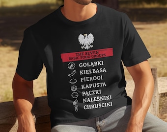 Camiseta de comida polaca, camiseta foodie divertida, camisa de cocina de Polonia, grupos de alimentos básicos, Golabki Kielbasa Pierogi Kapusta Paczki Nalesniki Chrusciki