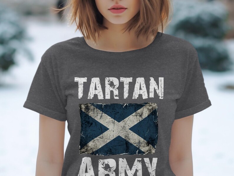 Dark grey t-shirt with distressed Scottish flag and "TARTAN ARMY" text.