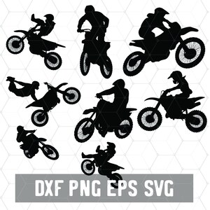 May include: Silhouettes of motocross riders performing various stunts on their dirt bikes. The riders are in mid-air, doing tricks, and landing on the track. The image is in black and white.