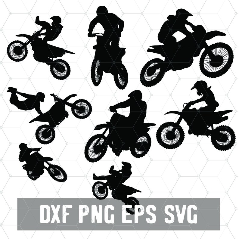 May include: Silhouettes of motocross riders performing various stunts on their dirt bikes. The riders are in mid-air, doing tricks, and landing on the track. The image is in black and white.