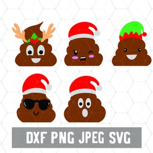 Può includere: Set di sei illustrazioni di emoji di cacca a tema natalizio. Ogni emoji ha un'espressione diversa e indossa un cappello festivo, tra cui un cappello di Babbo Natale, un cappello da elfo e corna di renna.