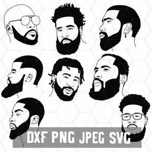 May include: A set of eight black and white line art illustrations of men's faces with different hairstyles and beard styles. The illustrations are in a simple, minimalist style and would be perfect for use in a variety of projects, such as t-shirt designs, social media graphics, or website illustrations.
