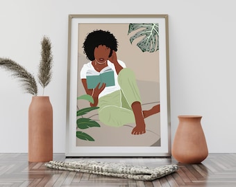 Zwart Meisje kunst- Zwarte Vrouw Print - Meisje Magie - Afdrukbare Afro-Amerikaanse Poster - Meisjes Kamer Decor - Melanine Boek Lezen - Kunst aan de muur