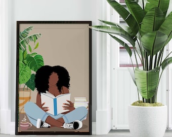 Black Girl Books kunst- Zwarte Vrouw Print - Meisje Magie - Afdrukbare Afro-Amerikaanse Poster - Meisjes Kamer Decor - Boek Lezen - Kunst aan de muur