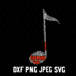 Może przedstawiać: Czarno-biały projekt graficzny nuty muzycznej z napisami "Sharp Tenor Minor Capella Bass Pitch Legato" i "Soprano" w białym kolorze. Słowo "Soprano" jest w kolorze czerwonym. Napisy "DXF PNG JPEG SVG" znajdują się na dole obrazu.