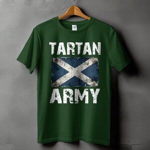 Green t-shirt with "TARTAN ARMY" and distressed Scottish flag.
