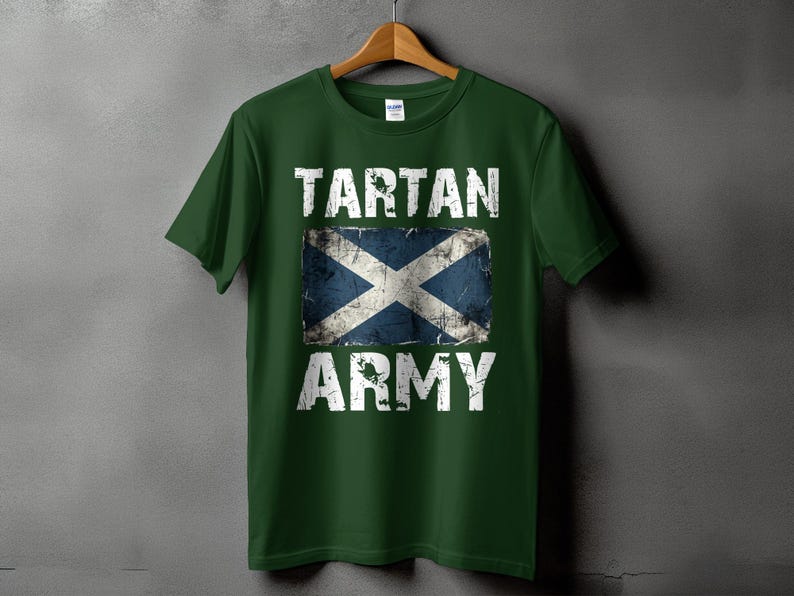 Green t-shirt with "TARTAN ARMY" and distressed Scottish flag.