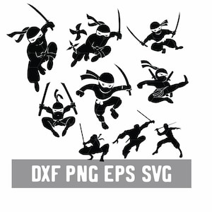 Op de afbeelding: Zwarte ninja silhouetten in actie, met zwaarden en werpsterren. De afbeelding bevat de tekst "DXF PNG EPS SVG" onderaan, wat bestandsformaten voor digitaal ontwerp aangeeft.
