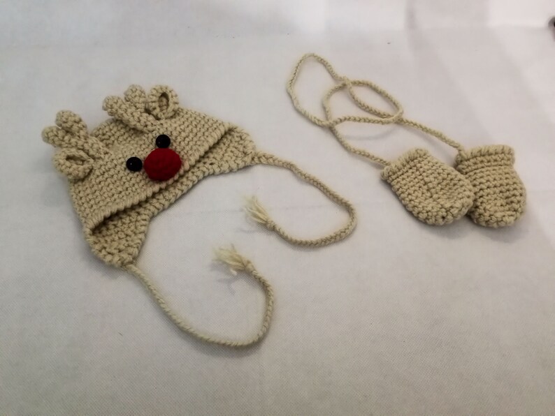Together in wool cap and mittens baby reindeer and small dog carry by hand crochet