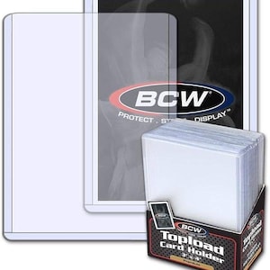 May include: Clear BCW Topload Card Holders, 3" x 4", displayed in a cardboard box. The box features the BCW logo and product information. The image also shows a single card holder and a larger display case.