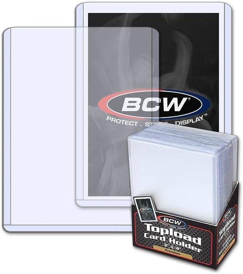 May include: Clear BCW Topload Card Holders, 3" x 4", displayed in a cardboard box. The box features the BCW logo and product information. The image also shows a single card holder and a larger display case.