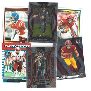 May include: A collection of five American football trading cards featuring players in various team uniforms. The cards display athletes in action poses, including Jayden Daniels, Darrell Green, and Jaylin Lane, with team logos and text labels.