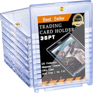 May include: Clear plastic trading card holders, stacked and angled, with a baseball card visible inside one. The label reads "Best Seller" and "TRADING CARD HOLDER 35PT". Features include UV protection, magnetic closure, and ultra-clear design.