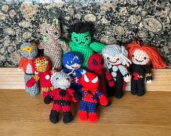 Marvel Super hero - individual crochet amigurumi figures as keyring or not inc Spiderman, Captain America,, Ant-Man, Hulk, Iron man, Groot,