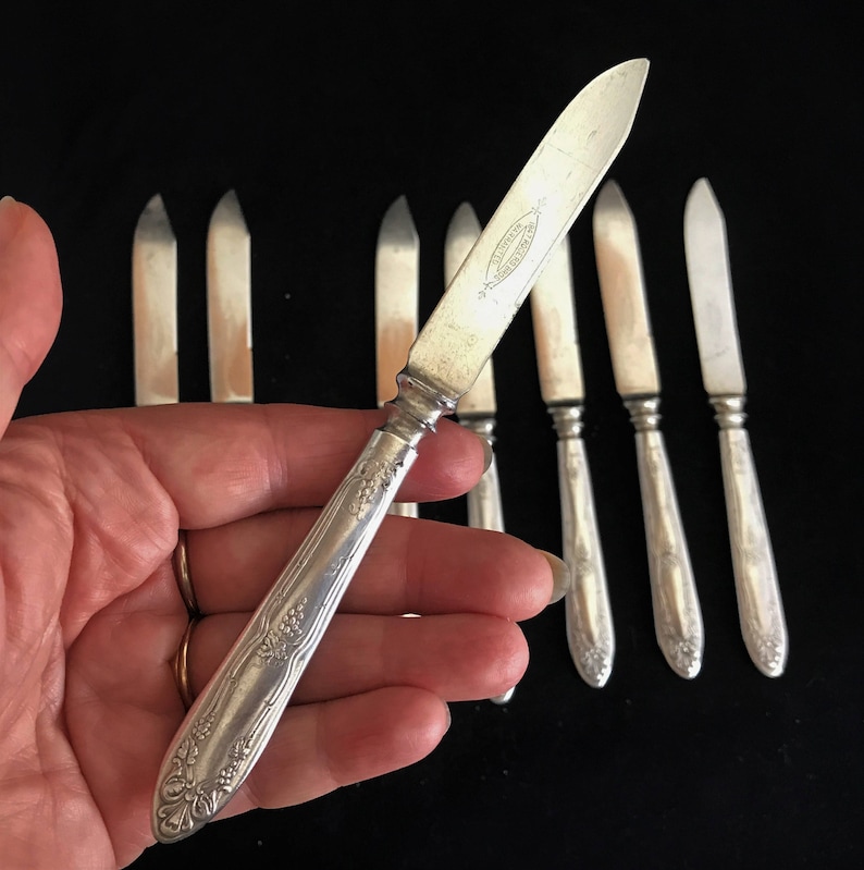 1847 Rogers Bros Floral pattern silverplate Holiday tableware Collectable Set of 8 knives Vintage silverplate knives Vintage fish knives