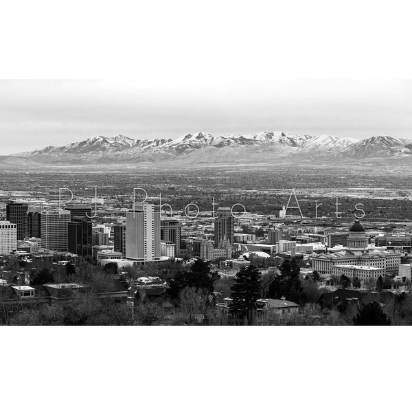 Salt Lake City high resolution panoramic photo, black and white, city landscape, SLC, digital file download