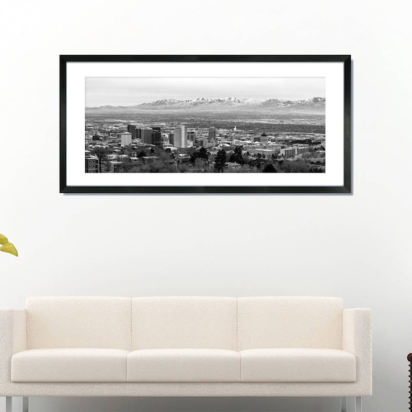 Salt Lake City skyline panoramic high quality photo print, Utah, black and white, panorama, photo art, wall decor, 8x20, 12x30, 18x40