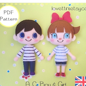May include: PDF pattern for a felt doll boy and girl with brown hair, blue eyes, and striped shirts. The boy is wearing blue jeans and the girl is wearing blue shorts. The pattern is available on the website loveettinietsy.com.