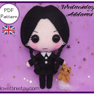 PDF Pattern Tutorial diy - Wednesday Addams - Plush/doll felt tutorial handmade - apostila digital.  Wednesday season 2 Netflix