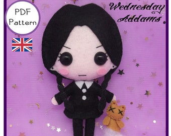 Tutorial de patrón en PDF - Miércoles Addams - Tutorial de peluche/muñeco de fieltro hecho a mano - apostila digital. Miércoles, temporada 2, Netflix