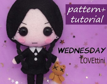 Tutoriel PDF de patron à faire soi-même - Mercredi Addams - Peluche/poupée en feutrine faite main - apostila digital. Mercredi saison 2 Netflix