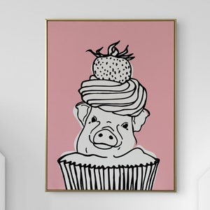 Black and White Pig in a Cupcake, Minimalist Wall Art, Girls Room Decor, Cute Digital Download