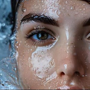 Pode incluir: Close-up de um rosto com gotas e respingos de &aacute;gua. A pessoa tem olhos castanhos, sobrancelhas escuras e pele molhada. A &aacute;gua cria um efeito din&acirc;mico e refrescante, com um fundo azul desfocado.