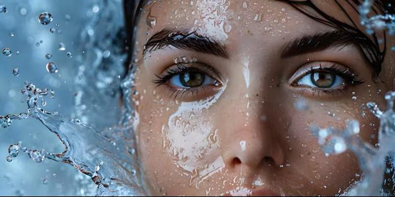 Pode incluir: Close-up de um rosto com gotas e respingos de &aacute;gua. A pessoa tem olhos castanhos, sobrancelhas escuras e pele molhada. A &aacute;gua cria um efeito din&acirc;mico e refrescante, com um fundo azul desfocado.