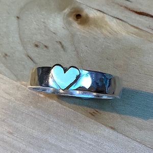 Sterling silver heart ring, hammered finish with small brass heart, solid silver, hand made in the UK, optional personalised engraving