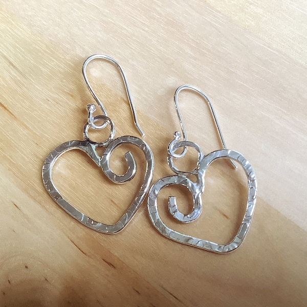 Hammered silver drop heart earrings with swirl, valentines