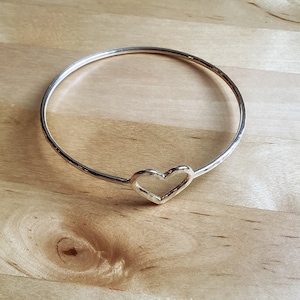 Handmade, hammered finish, sterling silver heart bangle