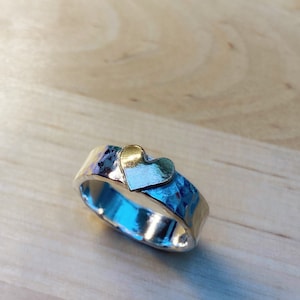 Hammered Sterling Silver Heart Ring: Chunky Brass Accent, Handmade