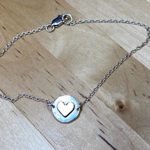Handmade sterling silver bracelet, silver flat pebble disc with brass heart, made to size, perfect gift