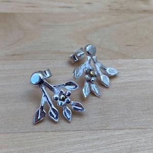 Unique silver spring flower branch earrings, small flower with tiny brass bead centre, solid sterling silver, hand made in the U.K.