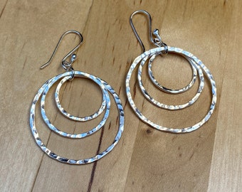 Three circles earrings, hammered solid sterling silver earrings, hand made in the U.K.