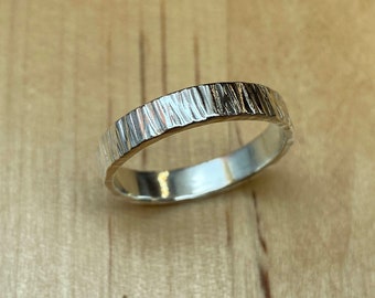 Sterling Silver, tree bark, wood texture, band ring, stacking ring, wedding ring, hand made in the UK, eco silver