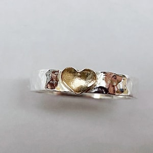 Handmade Sterling Silver Hammered Ring with 9ct Gold Heart