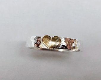 Handmade Sterling Silver Hammered Ring with 9ct Gold Heart
