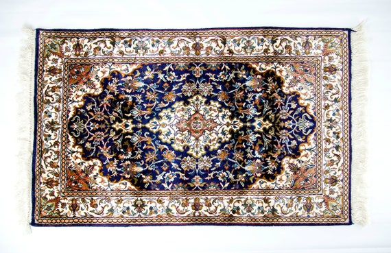 Blue Cream Kashan Style Silk On Silk Indian Rug Handmade Etsy