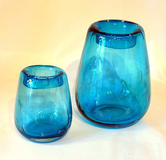 Pair Teal Blue Bubble Glass Vases 6 And 9 Winter Etsy