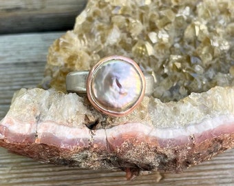 Pearl, copper, sterling silver ring. Size 8