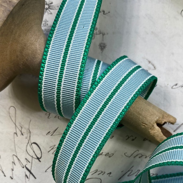 5/8" Vintage Stripe Ribbon Trim , bow strap, sewing, craft, sewing DIY Millinery hatband  green, blue,  white