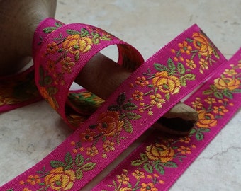 3/4" Vintage French Jacquard Trim Ribbon woven with embroidered sunset ombre florals #500 -Fuchsia bows strap embellish crafting