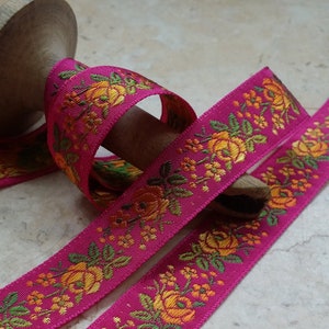 3/4 Vintage French Jacquard Trim Ribbon woven with embroidered sunset ombre florals 500 Fuchsia bows strap embellish crafting image 1