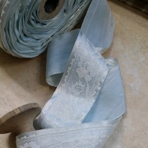 1.5&quot; Vintage Satin Ribbon Trim Breath of Blue with White lace overlay top Wedding Bridal floral bouquet baby crafting embellish millinery