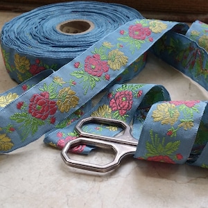 1&quot; Vintage French Jacquard Ribbon trim  woven with embroidered florals roses wedding, bridal, sash, bows, embellish crafting, strap, #392