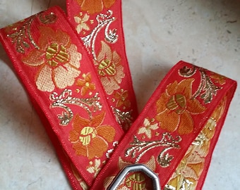 1" Vintage French Jacquard Trim Red woven Ribbon with whimsical florals Metallic accents re enactment embellishment costume theater #592 Red