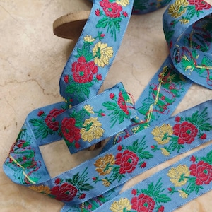 1&quot; Vintage French Jacquard Ribbon trim woven with embroidered florals roses wedding, bridal, sash, bows, embellish crafting, strap, #392
