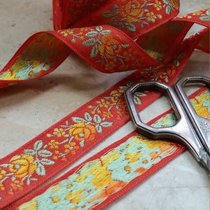 3/4" Vintage French Jacquard Trim Ribbon Red woven with embroidered sunset ombre florals #500 -Red/Orange/PASTEL Green