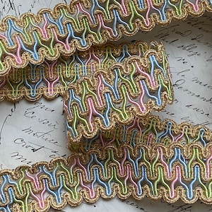 1.25&quot; Stunning Vintage French Metallic Gold and sweet pastel ombre gimp Passementerie Braid reenactment, costume, theater,  Millinery Trim